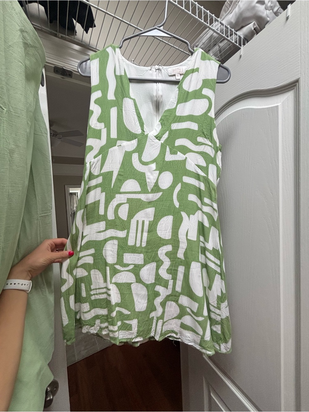 Sleeveless V-Neck Mini Dress in Green and White